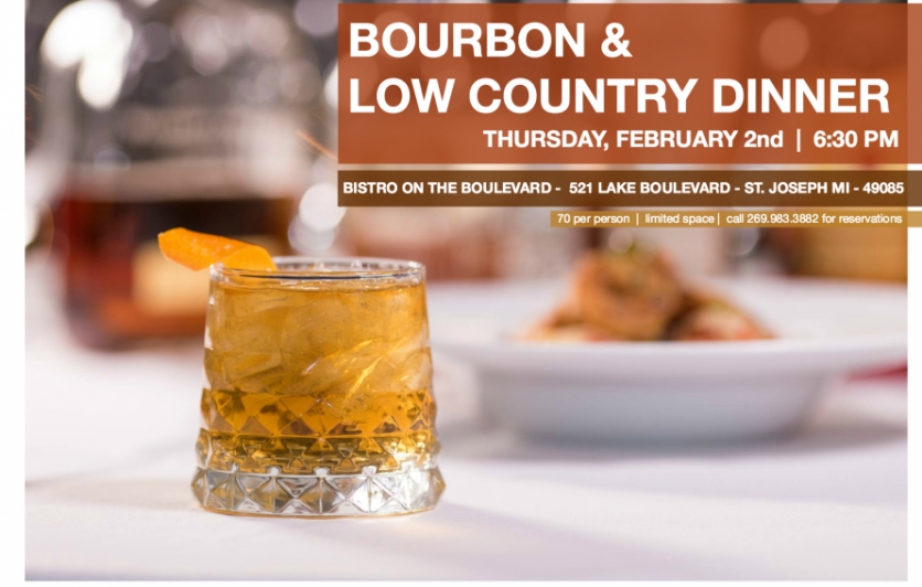 Bourbon & Low Country Dinner at the Bistro on the Boulevard, including shrimp and grits and bourbon old fashioneds with Journeyman Distillery's Buggywhip Wheat. 