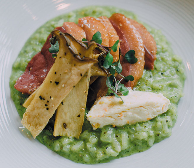 Risotto with house-made duck bacon with Cerulean Restaurant